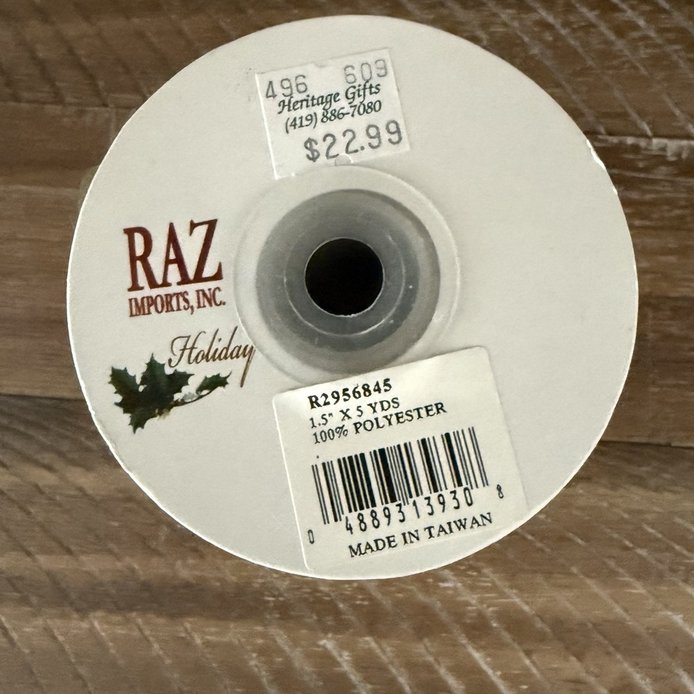 (2) RAZ Imports Christmas Ribbon Green Beaded Holly Leaves Sparkle 1.5" 3 yds Ea - Picture 7 of 8